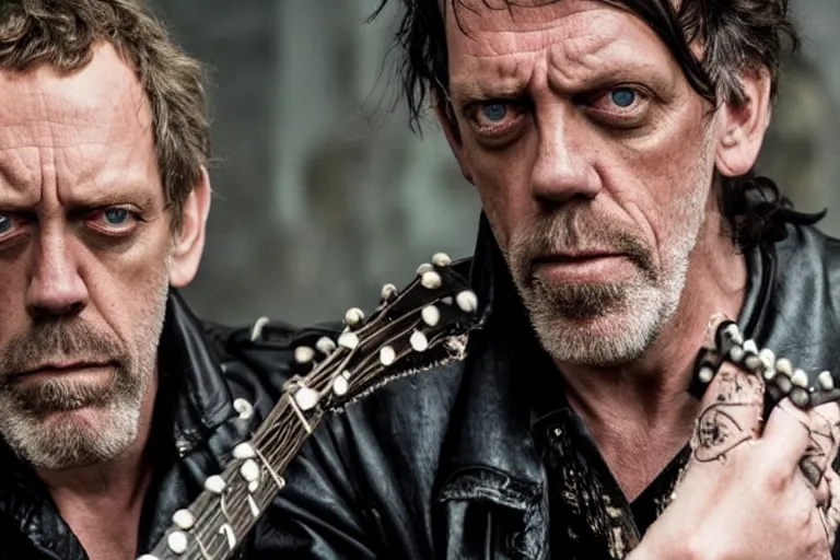 Image similar to promotional image of hugh laurie as a british punk rocker in a new movie, leather clothes, heavy makeup, detailed face, movie still frame, promotional image, imax 70 mm footage