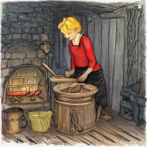 Image similar to the blacksmits’ daughter, working in the forge, fantasy art in the style of Elsa Beskow,