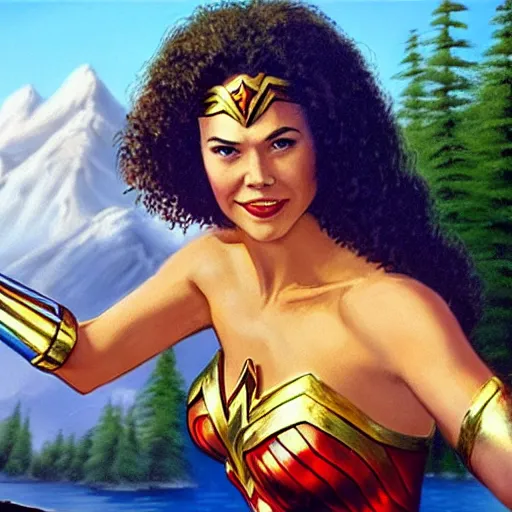 Image similar to a closeup photorealistic photograph of bob ross working on a canvas painting of wonder woman. film still. brightly lit scene. mountains and trees. this 4 k hd image is trending on artstation, featured on behance, well - rendered, extra crisp, features intricate detail, epic composition and the style of unreal engine.