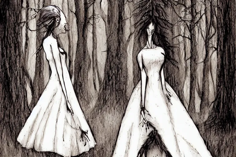 Image similar to mad girl in white dress wandering the woods artwork by ben templesmith