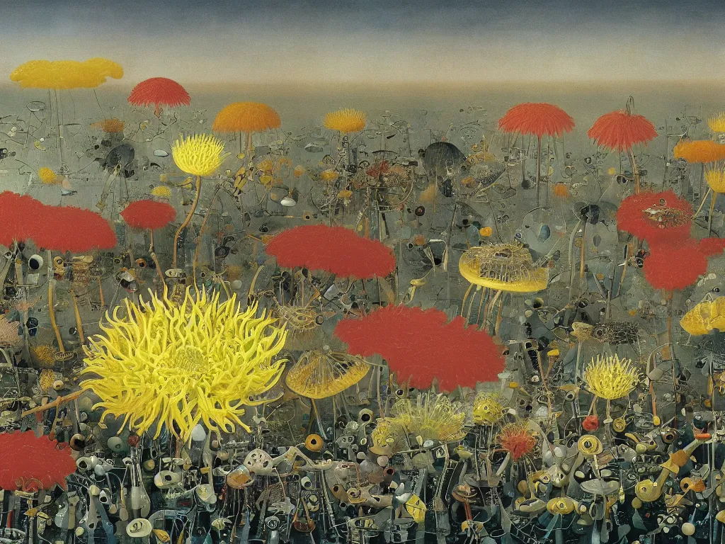 Prompt: Glass diatom hybrid chrysanthemum. Swarm of droplets. Grass blazing apocalypse. Painting by Yves Tanguy, Bosch, Roger Dean