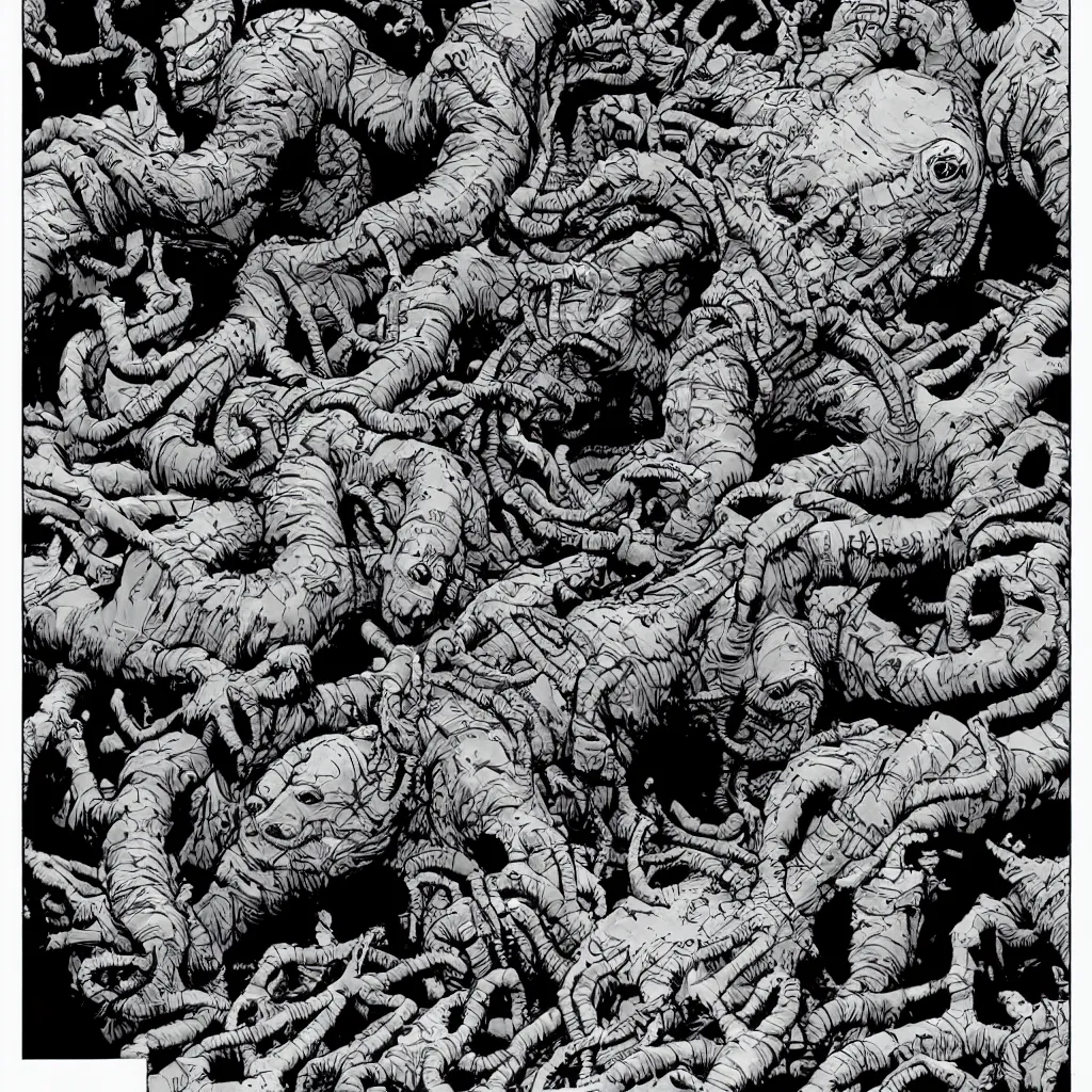 Image similar to the thing 1 9 8 2 movie monster, in the style of james jean and laurie greasley, dynamic composition, dramatic lighting, hyper - realistic, ultra detailed