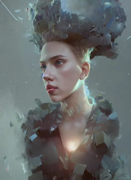 Image similar to a beautiful portrait of scarlett johansson mixed with lion. character design by cory loftis, fenghua zhong, ryohei hase, ismail inceoglu and ruan jia. volumetric light, detailed, rendered in octane