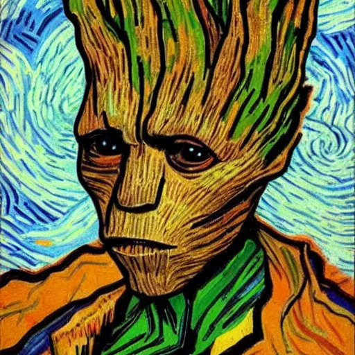 Image similar to groot Painted by Vincent Van Gogh 4K quality