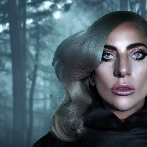 Prompt: lady gaga as a cop in a spooky forest, ufo overhead, alien, realistic, 8k resolution, hyperdetailed, highly detailed, real life, studio lighting, high quality