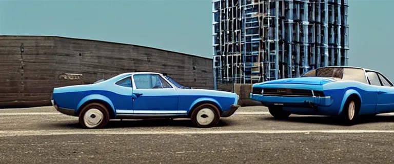 Image similar to striped denim blue audi camaro b 1 ( 1 9 6 7 ), establishing shot, by simon stalenhag