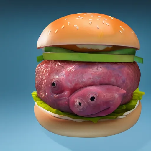 Image similar to a live blobfish inside a burger, lifelike, extremely detailed, 8k resolution