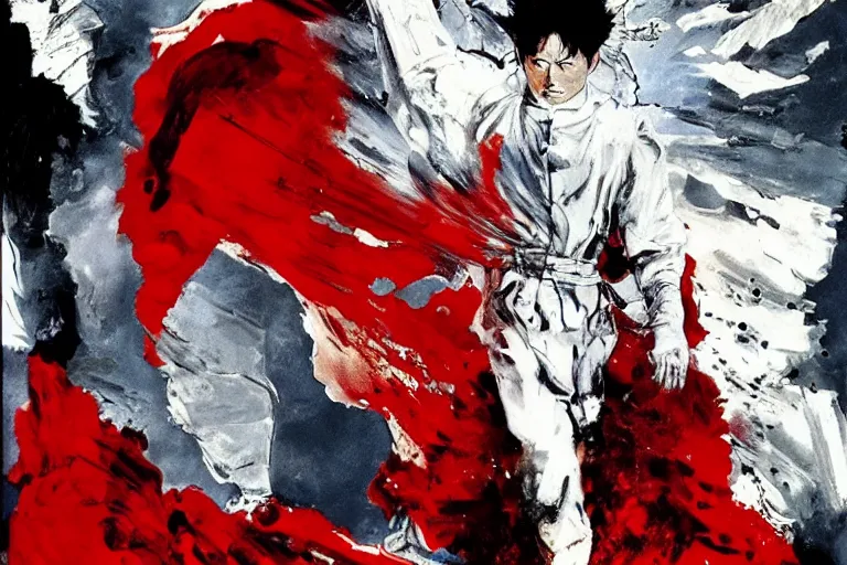 Prompt: movie still of akira ( 1 9 8 8 ) tetsuo in a white superhero suit and red cape, by ashley wood, 6 0's french movie poster, french impressionism, palette knife and wide brush strokes, black and white only