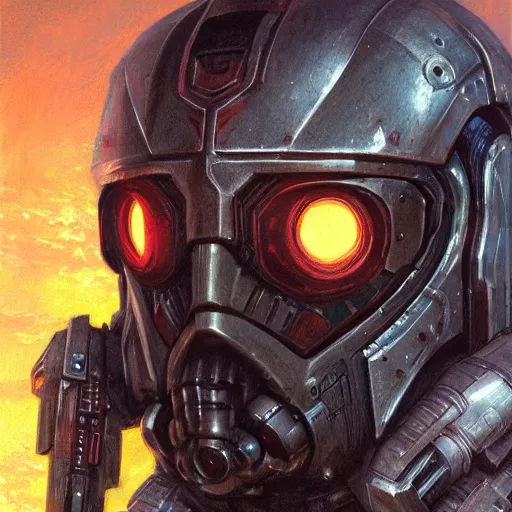 Image similar to the doomslayer as a realistic scifi cyberpunk knight, closeup portrait art by donato giancola and greg rutkowski, vintage retro scifi, realistic face, digital art, trending on artstation, symmetry!!!