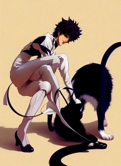 Prompt: ein from cowboy bebop playing with a tuxedo cat, intricate, elegant, hyper detailed, ultra definition, photoreal, artstation, unreal engine rendered, concept art, smooth, sharp focus, illustration, art by artgerm and greg rutkowski and alphonse mucha and garis edelweiss