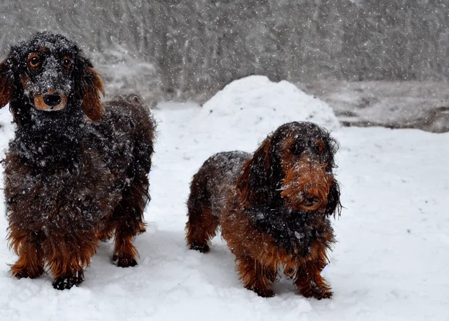 Image similar to Giant woolly dachshund, in the middle of a snow storm