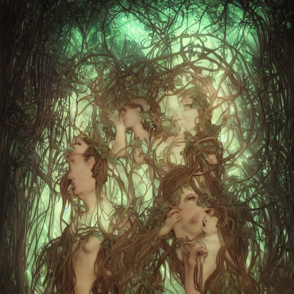 Image similar to bioluminescent glowing pagan god with horns in very dark forest by artgerm and alphonse mucha, portrait, fantasy, clear, light beams, lens flare, intense, uhd, amazing depth, cinematic lighting