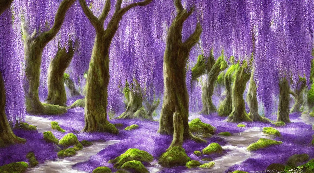 Image similar to wisteria forest with a narrow rocky purple river flowing through it. digital painting. trending on artstation.