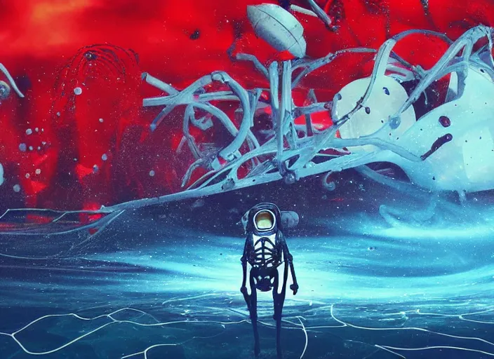 Image similar to a dreamlike scene of an astronaut swimming through the ocean surrounded by aliens, masterpiece, illustration, perfect, trending on pixiv, trending on artstation, background is falling apart into puzzle pieces, geysers of water spraying everywhere, red ink splatters amongst skeletal bones