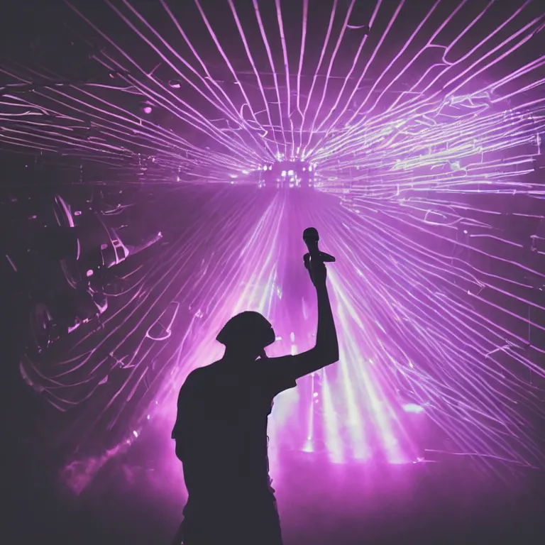 Image similar to rapper performing with microphone, epic pose, profile view, silhouetted, distinct figure, psychedelic hip-hop, laser light show, fog, beams of light