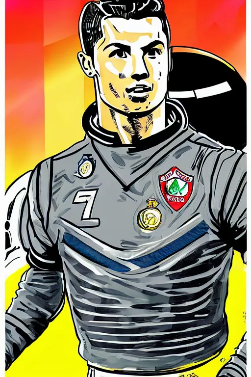 Image similar to portrait of cristiano ronaldo with astronaut armor and helmet, majestic, solemn, american comic style