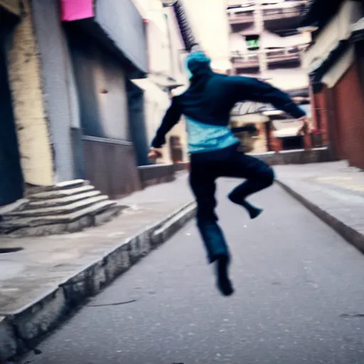 Prompt: photo of ninja running around the streets of Edo in parkour, motion blur