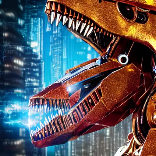 Prompt: hyper-realistic detailed portrait photograph, mid shot, gangster robot mecha dinosaur with a single gold tooth, cyberpunk