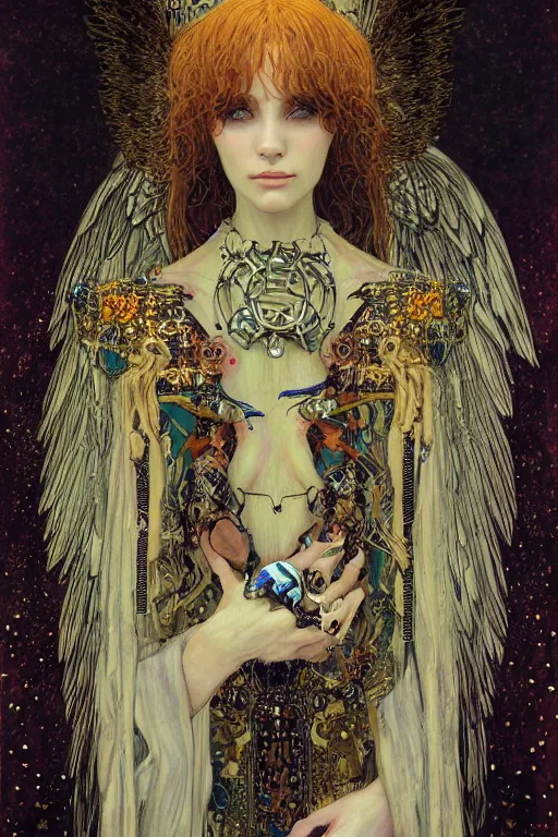 Image similar to portrait of beautiful young gothic angelic maiden, cyberpunk, highly detailed, artstation, illustration, art by Gustav Klimt