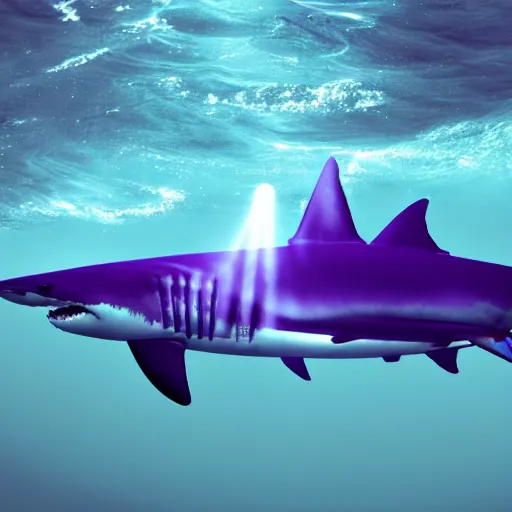 Image similar to a great white shark with purple lasers projecting out of its eyes. highly detailed, 4 k