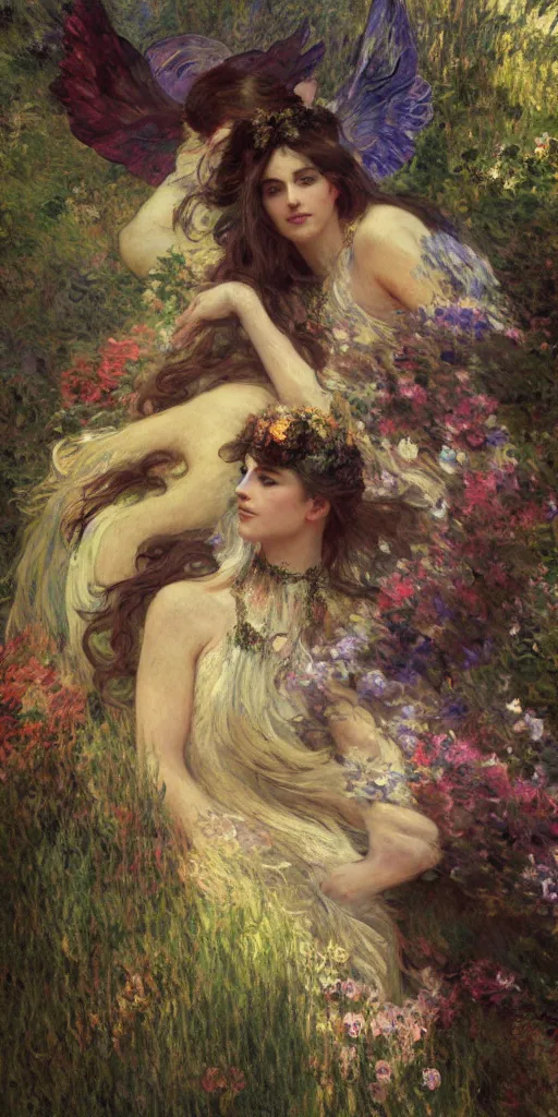 Prompt: a safe for work illustration studio portrait of a harem of dark beautiful seraphim females energy in an artistic pose resting in nature, monet painterly motives and textures pattern, hyper detailed, octane render, vivid colors, artstation, by jeremy mann, by alphonse mucha, by monet, neo classical painting of heaven aesthetics