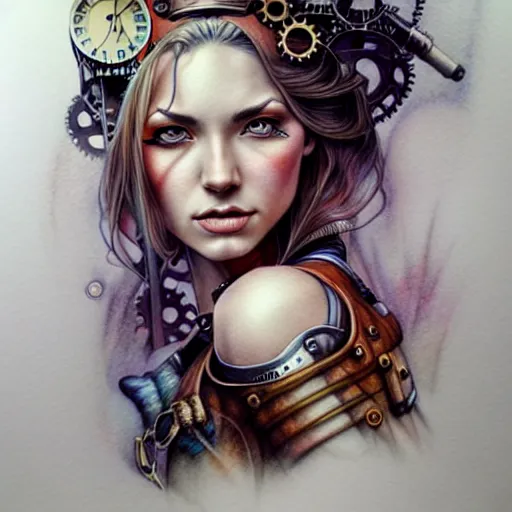 Image similar to hyper realistic full figure pencil drawing of a woman steampunk, water color, detailed, rim light, diffused, intricate, by anna dittmann,