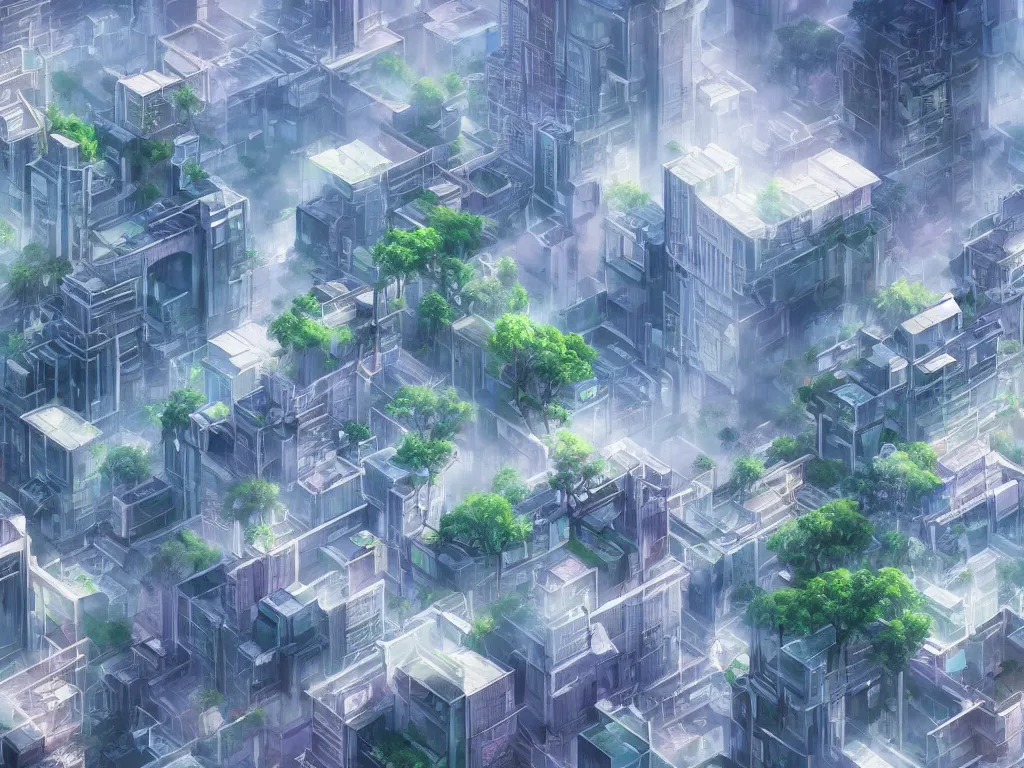 Image similar to futuristic city, lush vegetation, humid, early evening, diagonal view, geometric buildings, cloudy, beautiful, dull pastel colors, realistic, foggy, dreamy, nostalgic, bright, studio ghibli style