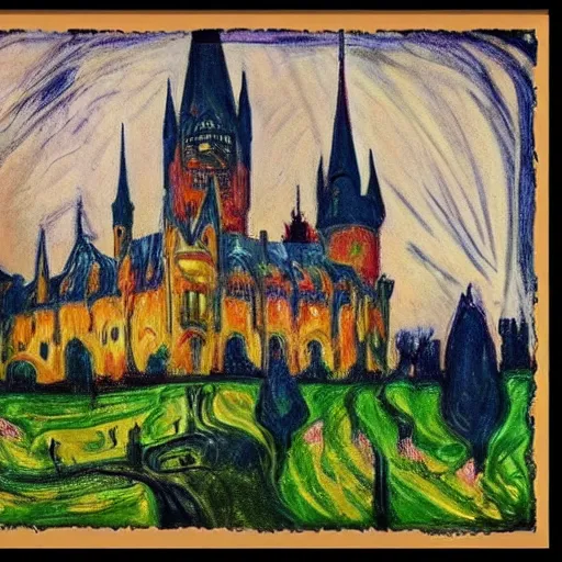 Image similar to beautiful gothic castle landscape in the style of Edvard Munch