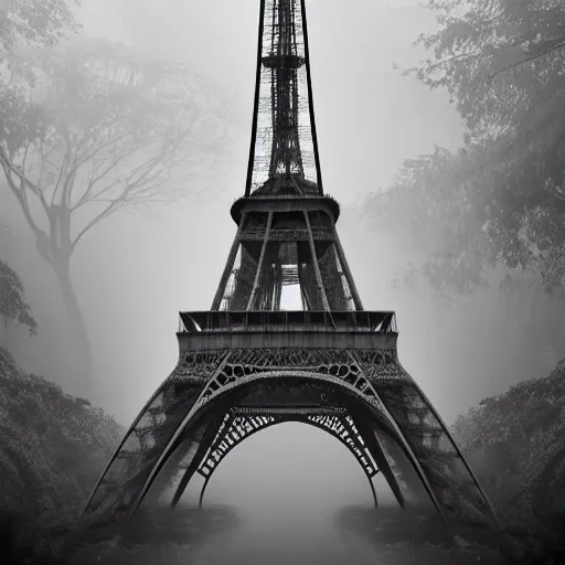 Prompt: eiffel tower surrounded by dense mystic forest with vines hanging from tree branches, fog, desaturated, creepy ambiance, sharp focus, highly detailed, artgerm, cgsociety