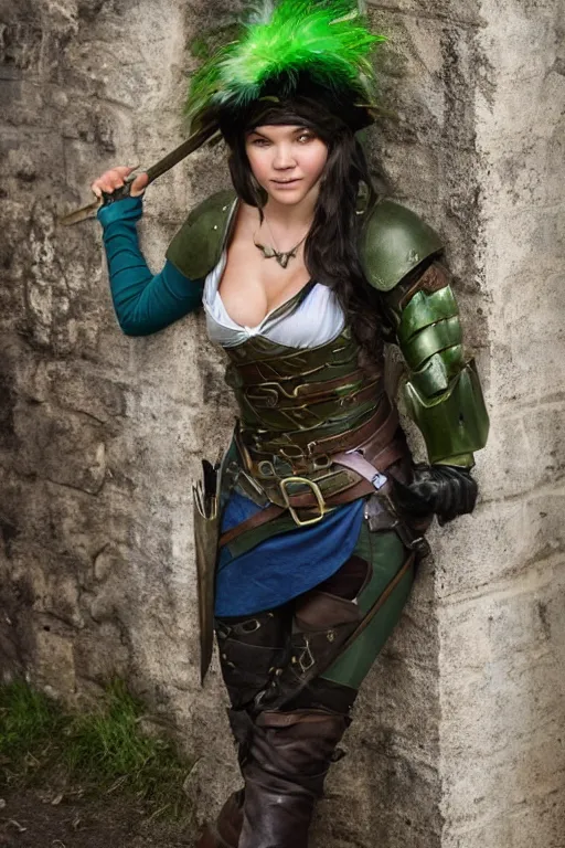 Image similar to fantasy character photo. female ranger. danielle campbell. brown dark forestgreen leather armor. jaunty, tilted, light - green, feathered little hat. black hair in ponytail. bright blue eyes. facial expression of manic obsessive love. leaning against the exterior wall of a tavern