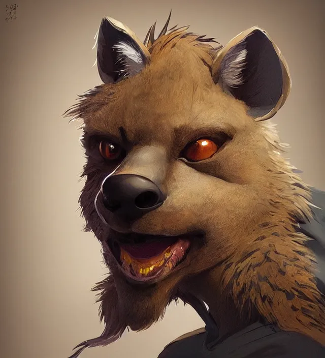 Image similar to a beautiful portrait of a handsome male anthropomorph brown hyena furry fursona wearing a hoodie. character design by cory loftis, fenghua zhong, ryohei hase, ismail inceoglu and ruan jia. artstation, volumetric light, detailed, photorealistic, rendered in octane