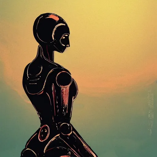 Image similar to Woman and her robot against the world. What does it mean to be alive. Beautiful landscape. Rough strokes and grainy. Interesting colour scheme. Detailed. Beautiful digital artwork by artist Lurid. (2022)