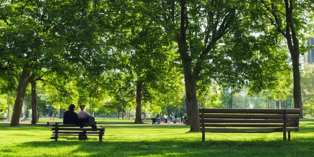 Prompt: a film still of a man sitting on a bench in a park, sunny day, wide shot