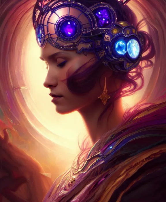 Image similar to a whirlwind of souls rushing inside the metaverse, half body, glowin eyes, tiara with sapphire, pharaoh, android, cyberpunk, d & d, fantasy, intricate, elegant, highly detailed, colorful, vivid color, digital painting, artstation, concept art, art by artgerm and greg rutkowski and alphonse mucha and ruan jia