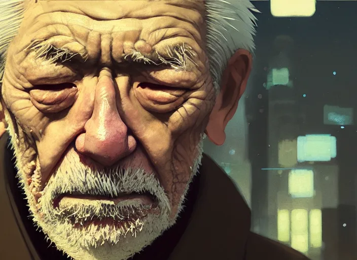 Image similar to a film still portrait of a depressed old caucasian man, finely detailed features, closeup of face, cinematic lighting, perfect art, night cyberpunk city, intricate, anime, gapmoe grimdark, artstation, trending on pixiv fanbox, painted by greg rutkowski makoto shinkai takashi takeuchi studio ghibli, akihiko yoshida, 4 k