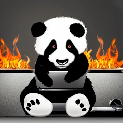 Image similar to a sad panda sitting next to the PC that just caught fire