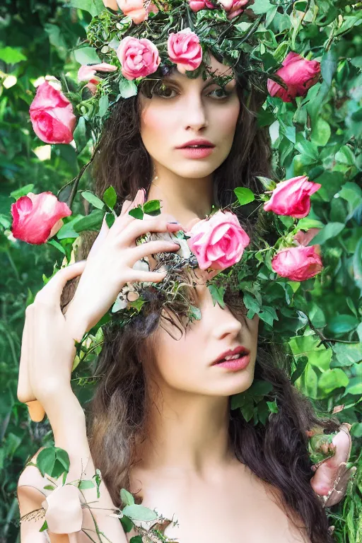 Prompt: realistic photograph of a beautiful woman in a lush garden with roses in her hair and an intricate gown, portrait, highly detailed,