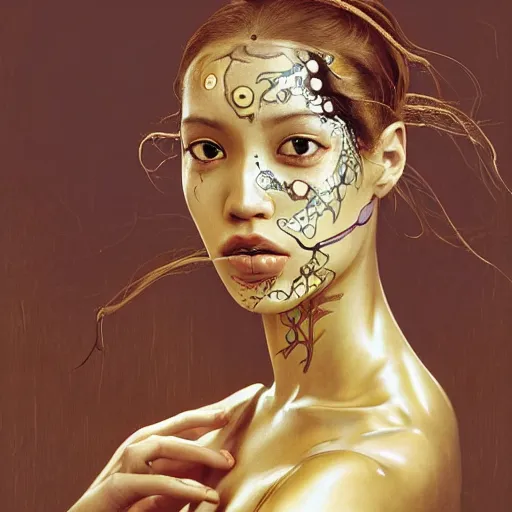 Image similar to Kiko Mizuhara body and face painted gold all over, physically accurate, very very very dramatic dynamic lighting, intricate, elegant, highly detailed, digital painting, artstation, very hyperrealistic, HR GIGER, Hieronymus Bosch, Francis Bacon, concept art, smooth, sharp focus, illustration, art by artgerm and greg rutkowski and alphonse mucha