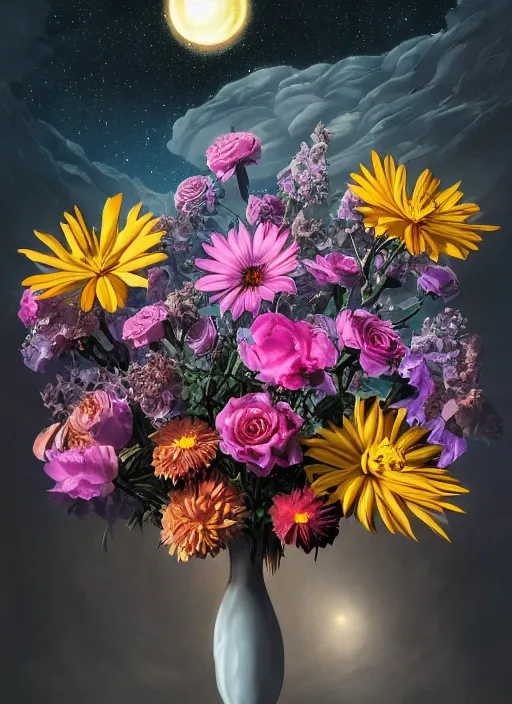 Prompt: An epic fantastic realism comic book style painting of the most beautiful flowers launched across the dark and starry cosmos, bouquets, fisheye lens, unreal 5, DAZ, hyperrealistic, octane render, dynamic lighting