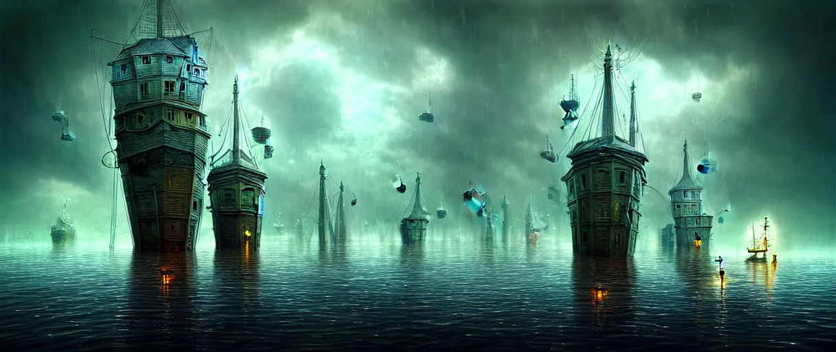 Image similar to cruising ship sailing at miniature megalopolis future, raining night at flooded miniature city, nice huge insane godrays, god helping mystic soul by, gediminas pranckevicius