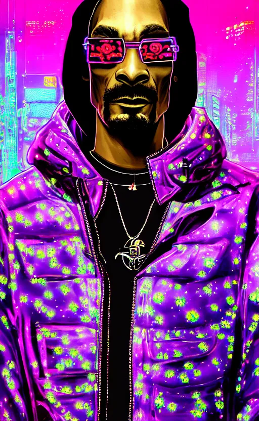 Prompt: detailed Snoop Dogg portrait Neon Operator, cyberpunk futuristic neon, reflective puffy coat, decorated with traditional Japanese ornaments by Ismail inceoglu dragan bibin hans thoma !dream detailed portrait Neon Operator Girl, cyberpunk futuristic neon, reflective puffy coat, decorated with traditional Japanese ornaments by Ismail inceoglu dragan bibin hans thoma greg rutkowski Alexandros Pyromallis Nekro Rene Maritte Illustrated, Perfect face, fine details, realistic shaded, fine-face, pretty face