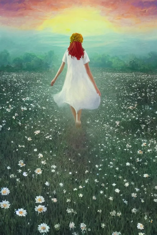 Image similar to giant white daisy flower veil, girl walking in a flower field, surreal photography, sunrise, dramatic light, impressionist painting, colorful clouds, digital painting, artstation, simon stalenhag