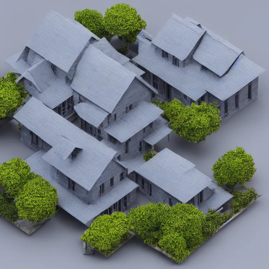 Prompt: architectural model, isometric view, 3 d render, studio lighting, wood and paper, low contrast, dark background, highly detailed, house, courtyard, tree, blue