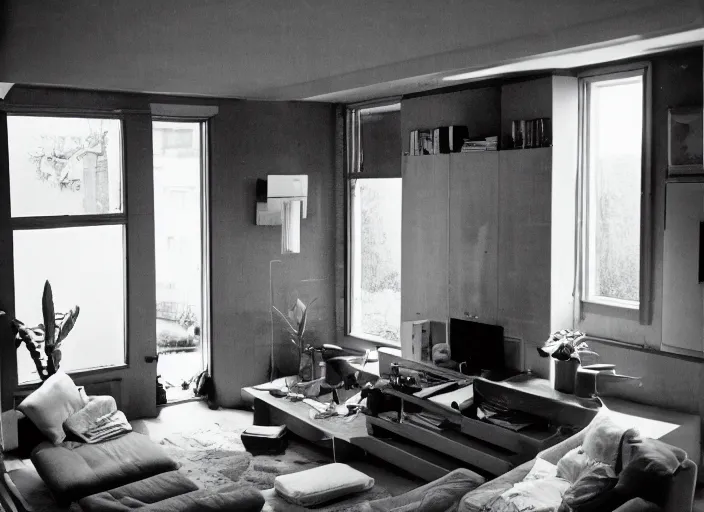 Image similar to 3 5 mm photogaphy of the interior of a living room by memphis group