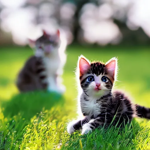 Image similar to photorealistic potrait of two kittens playing in a field of catnip, wide angle lens, bokeh filter, hyperrealism