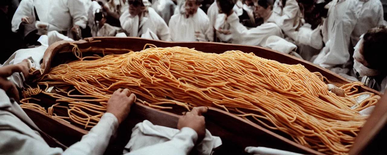 Image similar to a dead person in a coffin made of spaghetti, funeral procession, canon 5 0 mm, cinematic lighting, photography, retro, film, kodachrome