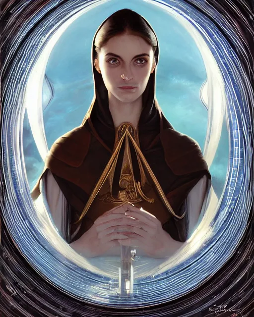 Prompt: portrait of saint alia atreides of the knife, her eyes are dark blue, blue eyes of the ibad, dune, science fiction, frank herbert, intricate, elegant, highly detailed, digital painting, artstation, concept art, sharp focus, illustration, art by artgerm and greg rutkowski and alphonse mucha