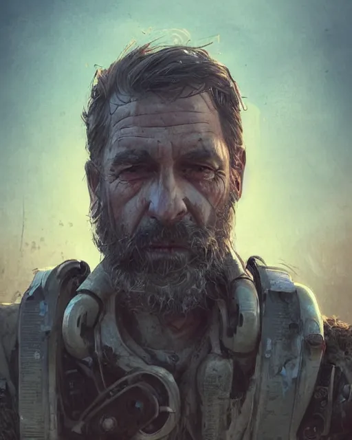 Prompt: a rugged middle aged engineer man with cybernetic enhancements lost in the desert, funky mid length hair, scifi character portrait by greg rutkowski, esuthio, craig mullins, short beard, green eyes, 1 / 4 headshot, cinematic lighting, dystopian scifi gear, gloomy, profile picture, mechanical, half robot, implants, dieselpunk