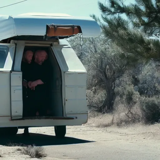 Image similar to film still of walter white carrying a bodybag into an old rv on the tv show breaking bad, cinematic, 4k