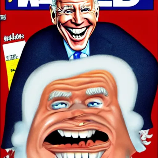 Image similar to caricature of Joe Biden on the cover of Mad Magazine, in the style of Alfred E. Neuman